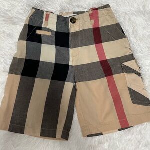 Burberry Kid’s Cargo Shorts in Black, Red, and Tan Plaid